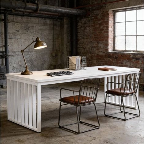 Bureau 180x60 double poste métal bois blanc HAVRYA (1/5)