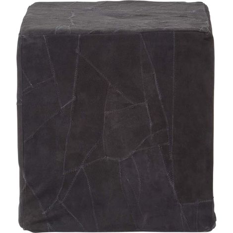 HOMESCAPES Schwarzer Patchwork-Pouf – Sitzwürfel aus recyceltem Leder, 36x38 cm