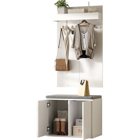 CHICFURN Perchero de entrada 3 en 1 blanco con banco, 60 x 35 x 145 cm (1/5)