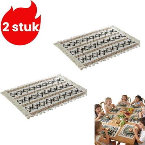 2 teiliges Set Platzset aus Baumwoll Leinen mit Seilmotiv Festliches Besteckset Gewebtes Platzset mit Farbblöcken, Streifen und Quasten Rautenmus