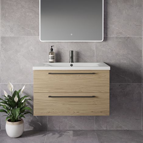 Napoli 460 Light Oak 800mm Wall Mounted 2 Drawer Vanity Unit with Glide Basin - 800mm - Gunmetal Grey 480mm Handle