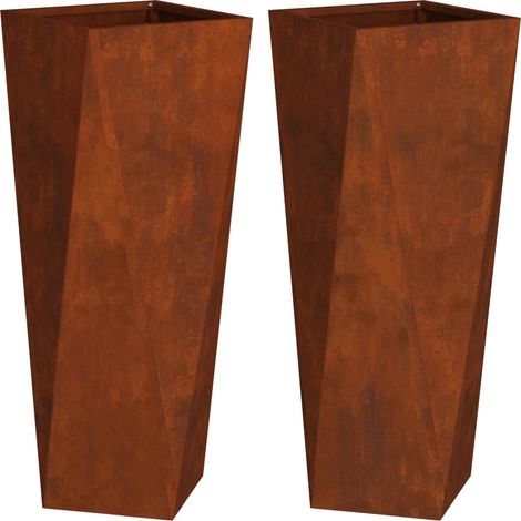 Lot de 2 jardinières extérieures modernes 30 x 30 x 75 cm avec base intégrée en acier rouillé (1/5)