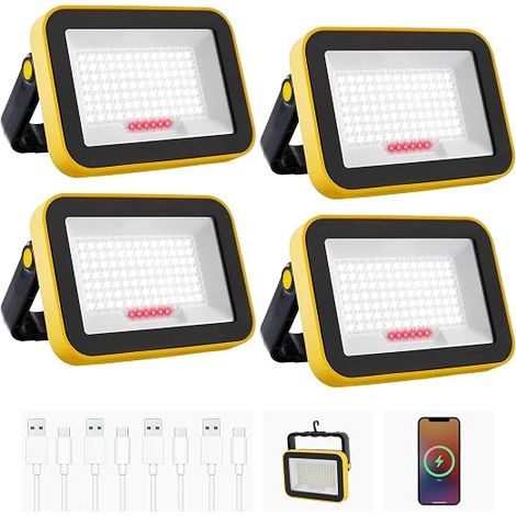 Projecteur Led Rechargeable, 5 Modes Projecteur Led Chantier Batterie avec Câble USB, 4000mAh Lampe de Chantier Portable, IP65 Étanche Lampe de Travail pour Garage, Camping, Pêche, 4 Pièces (1/5)