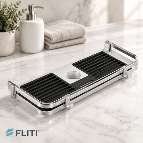 FLITI Tablette de Douche Sans Perçage – Support Réglable pour Barres 19-25mm – ABS & Aluminium Anticorrosion – 30x12x6cm – Charge 8kg – Kueatily (1/5)