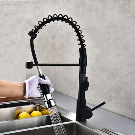 Robinet 2 Mitigeurs Cuisine avec 1 Douchette en Laiton Chromé Noir (1/5)