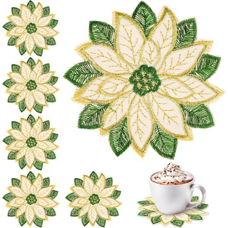 10 bestickte Weihnachtsuntersetzer, doppellagige Untersetzer mit Applikationen in Gold und Weihnachtsstern, weihnachtliche Blumenuntersetzer, perfekt für die Winterfeiertage, als Dekoration für Zuhaus