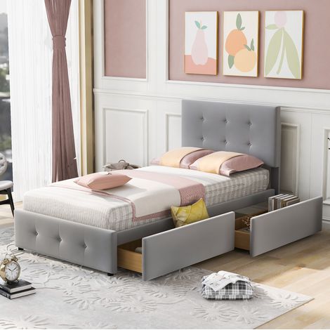 Polsterbett 90x200 mit Schublade und Lattenrost Grau OKMYHOME (1/5)