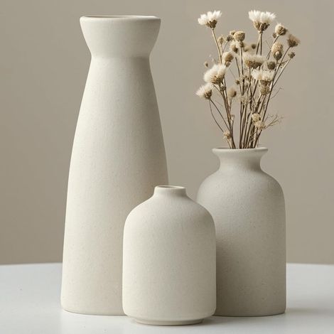 Vase vintage en céramique blanche, lot de 3, style bohème, décoration intérieure idyllique (1/5)