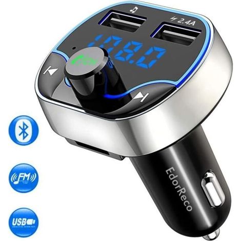 EdorReco Transmetteur fm Bluetooth, Voiture Chargeur Lecteur MP3, Adaptateur Radio Sans Fil Kit Émetteur (1/3)