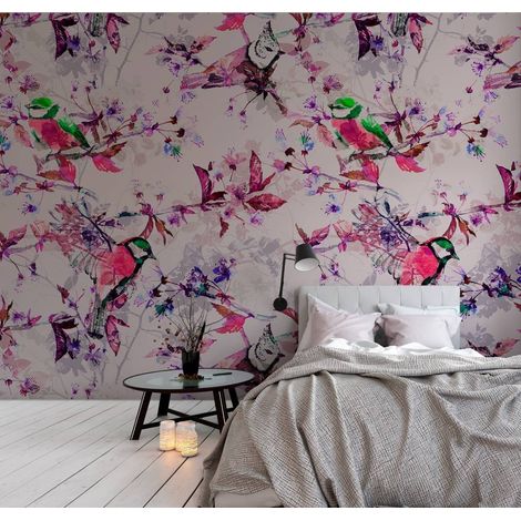 Papier peint panoramique idéal pour bureau | Tapisserie panoramique oiseaux rose et violet | Papier peint panoramique fleuri - 270 x 500 cm (5 pièces) (1/5)