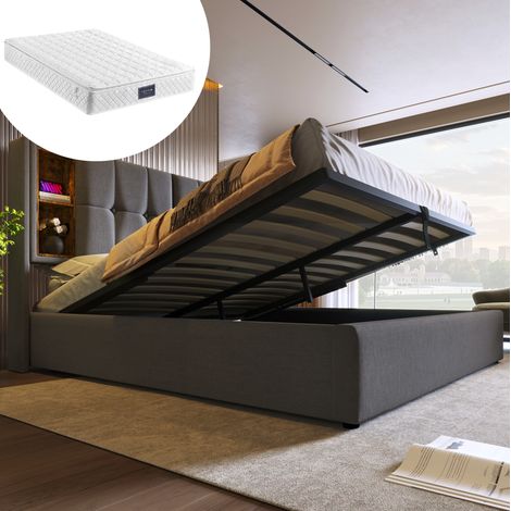 Lit double 140/200 cm gris en coton avec rangement et recharge sans fil (1/5)