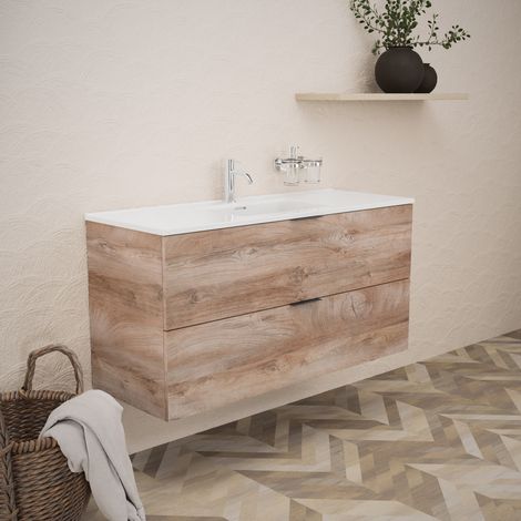Inda - Badezimmerschrank B.120 mit glänzendem Waschbecken / Natureiche 2 Schubladen - Topazio (1/5)