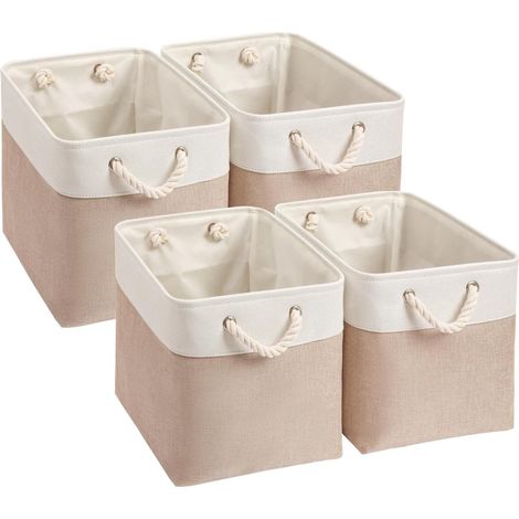 Storage Boxes, (33x33x33cm) Large Fabric Storage Baskets for Clothes/Shelf (Khaki White, Set of 4)