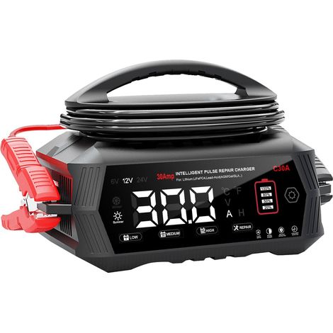 Chargeur de batterie de voiture 30 A 6 V/12 V/24 V - Chargeur et support pour AGM, Gel, SLA, EFB et LiFePO4 - Chargeur automatique à 9 niveaux avec écran LCD pour voiture, moto (1/5)