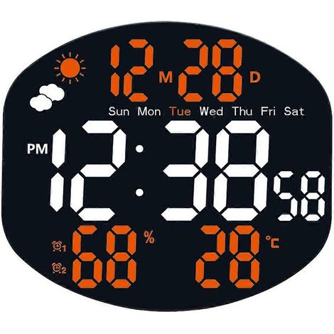 Réveil numérique mural avec station météo, affichage de l'humidité, de la température, de la luminosité automatique, de la date, deux alarmes, pose ou suspension. (1/5)