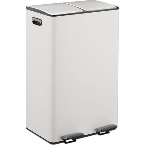 Relaxdays Mülleimer, 2 Fächer, je 30 Liter, entnehmbare Inneneimer, Fußpedal, Küche, Tretmülleimer, Eisen, weiß/silber