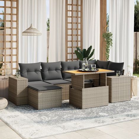Canapé de Jardin 7 Places Gris Polyrotin avec Coussins et Table Réglable – Ensemble Salon Extérieur Durable et Confortable (1/3)