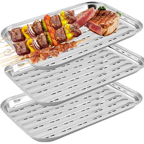 Lot de 3 Plateaux barbecue, Acier inoxydable, 34,9x24,5x2,7 cm, Panier légumes, Viande poisson, Gaz électrique charbon