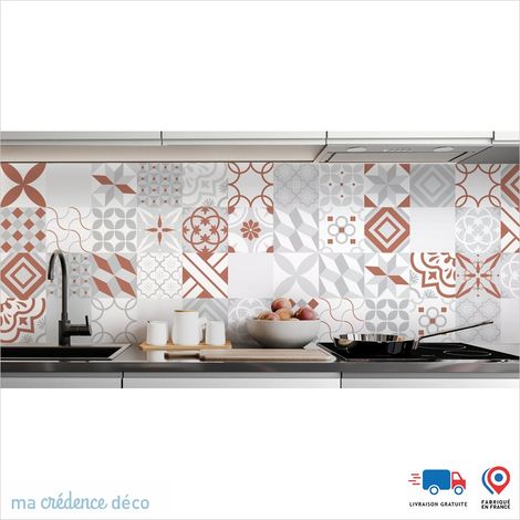 Crédence : Carreaux ciment gris et couleurs - Couleur Rouge beige - Alu composite - 60 - 120 (1/3)