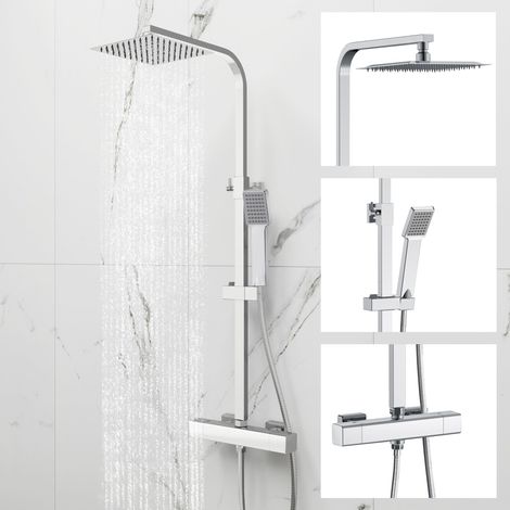 SKY Bathroom Thermostatic Mixer Shower Set Chrome Large Square Bar Exposed Valve Twin Head