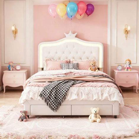 Cama para 2 personas - Cama 140x190 - Cabecero ajustable - LED integrada - 2 cajones