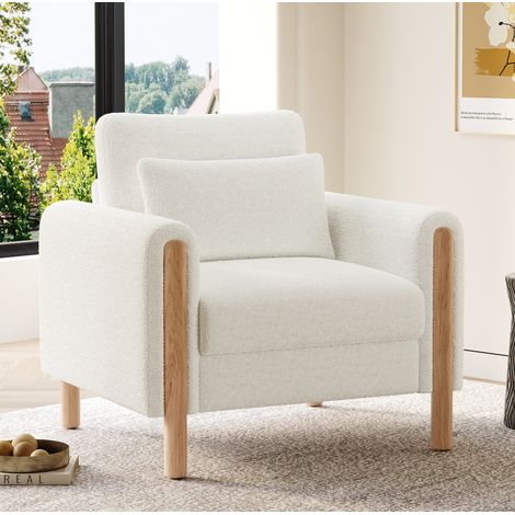 Sillón de teddy blanco 87x83x88,5 cm con cojín extraíble y estructura de madera maciza (1/5)