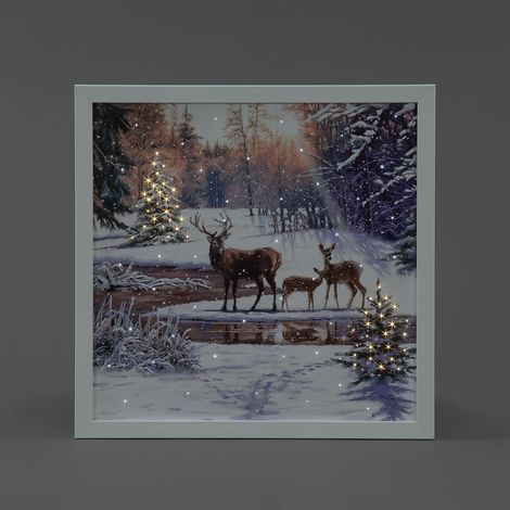 40x40cm Fiber Optic LED Light Christmas Canvas Winter Wonderland Deer Family Wall Decoration Battery Operated (1/4)