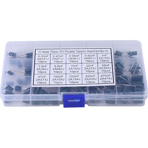 Kit de 150 condensateurs à film polyester 100 V, 15 valeurs, 0,33 nF à 470 nF (boîte).
