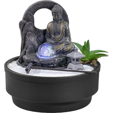 Fontaine d'Intérieur Jardin Zen, Fontaine Cascade Jarre, Lumière LED Coloré, Décoration Ambiance Relaxant, Jardin Zen Sable Blanc, Fontaine de Table Circuit fermé, H21 cm (1/5)