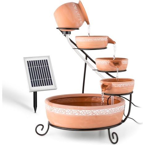 Blumfeldt – Fontaine de jardin solaire en cascade 5 étages – Terre cuite résistante aux UV – Panneau solaire 2W – Débit 200 l/h – Couronne LED 4 lumières