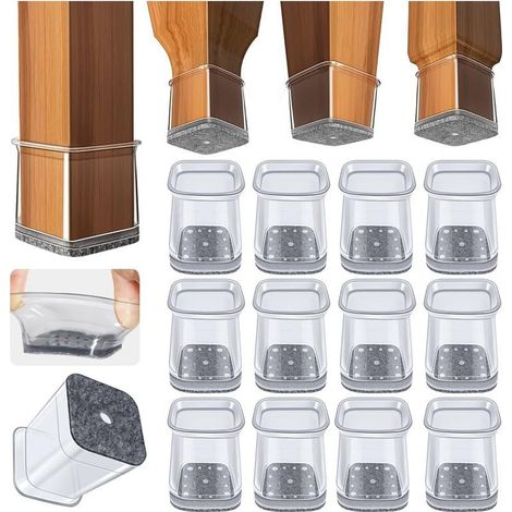 32pcs Protection Pied de Chaise Carré, protege pied de chaise silicone,Petit patin chaises en Transparent pour Sols en Bois Dur et Carrelage,Tampon chaise avec Patins en Feutre,S(Fit : 20-25 mm) (1/5)