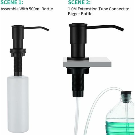 Distributeur de Savon Encastrable, Distributeur Savon Evier Cuisine, Distributeur Savon Integre avec Bouteille 500ML et Ensemble de rallonge de 1,0 m, Recharge du Haut, Noir (1/4)