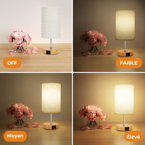 Touch-Nachttischlampe mit USB-A- und USB-C-Ladeanschlüssen, 3-fach dimmbar, Lampenschirm aus Leinenstoff, Holzsockel, kleine Tischlampe für Schlaf-/Wohnzimmer (Leuchtmittel enthalten) (1/5)