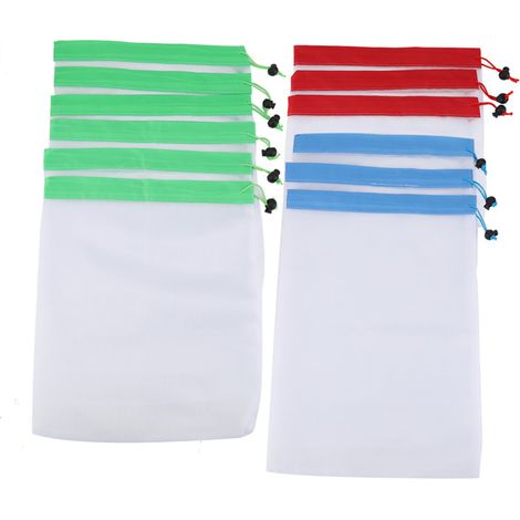 Juego de 12 bolsas de malla reutilizables con cordón para frutas y verduras, bolsas de almacenamiento para alimentos y juguetes. (1/5)
