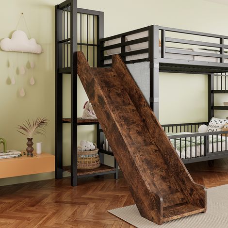 Lit superposé en métal pour enfant avec toboggan et escalier de rangement 90x200 cm, cadre de lit mezzanine avec garde-corps, étagères intégrées, lit gain de place pour chambre garçon et fille, noir. (1/5)
