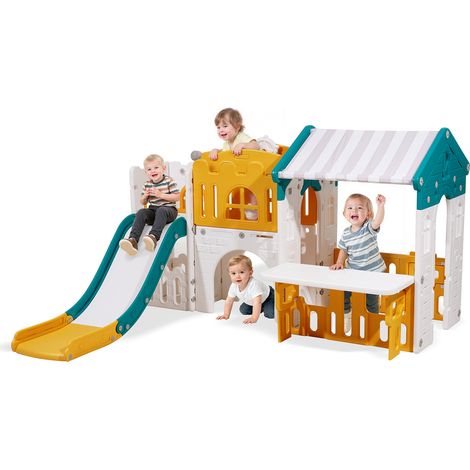 VEVOR Maisonnette pour Enfants, Maison de Jeu Exterieur pour Tout-petits a Partir de 1 an, Cabine de Jardin pour Enfants avec Toboggan, Ballon de Basket, Telescope, Volant, Tunnel Rampant, Vitrine (1/5)