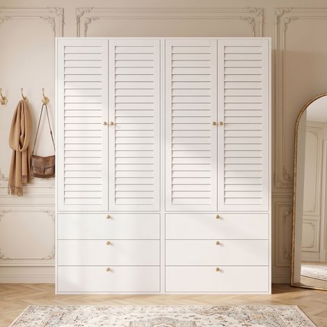 Armario de dormitorio 180x50x200 cm, ropero de 4 puertas con persianas para habitación y vestidor, aglomerado moderno, Blanco (1/5)