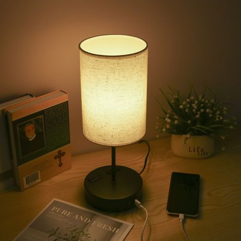 Lampe de table Shineslay, lampe de chevet pour chambre ou salon, avec ampoule LED E27, commande tactile, lumière blanc chaud, lampe de table moderne, 2 ports USB, 2 prises de courant (1/2)