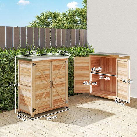 Armoire de jardin avec table de rempotage, abri à outils en bois avec plan de travail galvanisé, 2 étagères, portes doubles, 79 x 43 x 92 cm (1/5)