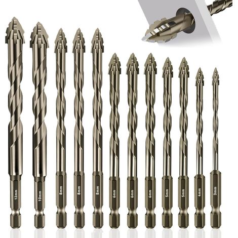 12 Pièces Foret Carrelage, Foret Beton Ø 3-12 mm, Meche Carrelage Hexagonal, pour Verre, Briquep, Plastique, Bois, Métal, Béton (Doré) (1/5)
