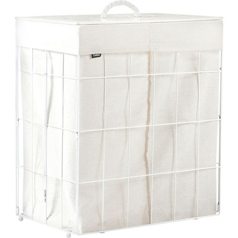 Laundry Basket White Bamboo Lid Metal Frame Fabric Liner Foldable Bathroom 100l APOTERI