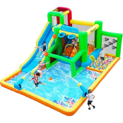 Inflatable Castle with Blower, for 4 Children/140 kg, 425 x 355 x 215 cm Bounce Castle for Kids, Outdoor Garden, Climbing Wall, Paddling Pool Trampoline and Basketball Basket (1/5)