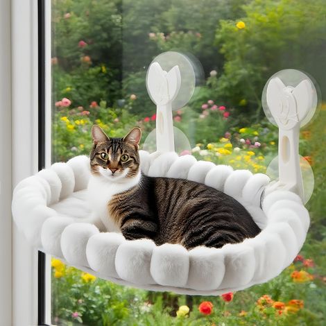 1 Hamac Pour Chat, 4 Ventouses, Réversible Peluche Et Filet, Support 15 Kg, Fenêtre 40-80 Cm (1/5)