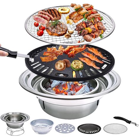 Barbecue coréen multifonctionnel de 13 pouces, poêle à charbon de bois rond, poêle de camping, fumoir de table, filet grillé et plateau pour cour, pique-nique, plage