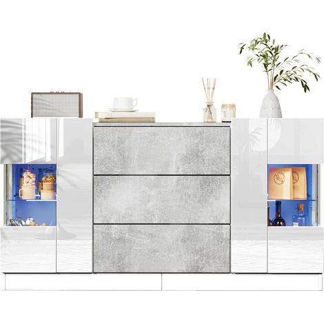 Sideboard design moderne 2 portes 3 tiroirs avec façade blanche brillante, effet marbre gris et LED 16 couleurs, 140 x 35 x 75 cm pour salon  CHICFURN (1/5)