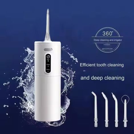Hydropulseur dentaire électrique, sans fil, portable, réservoir d'eau de 280 ml pour les voyages et le nettoyage interdentaire, avec 5 embouts de pulvérisation et 3 réglages (blanc) (1/5)