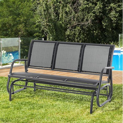 Banc à bascule de jardin 3 places en métal noir avec assise et dossier en tissu maille, 147 x 75 x 85 cm (1/5)