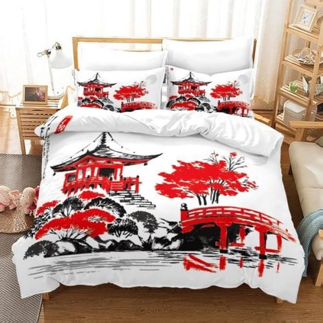 Housse De Couette - 200x200 Cm - Microfibre 100 - Motif Paysages Chinois - Avec 2 Taies Doreiller 65x65 Cm - Parure Lit (1/4)