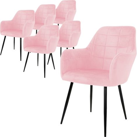 ECD Germany 6er Set Esszimmerstühle mit Rücken- und Armlehnen, Rosa, Küchenstühle mit Samtbezug, Polsterstühle mit Stahlgestell, Ergonomische Stühle für Esstisch, Wohnzimmerstühle Esszimmerstuhl
