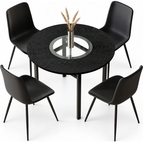 Set tavolo rotondo minimalista con 4 sedie nere in PU, tavolo rotondo da 100 cm effetto legno nero (1/5)
